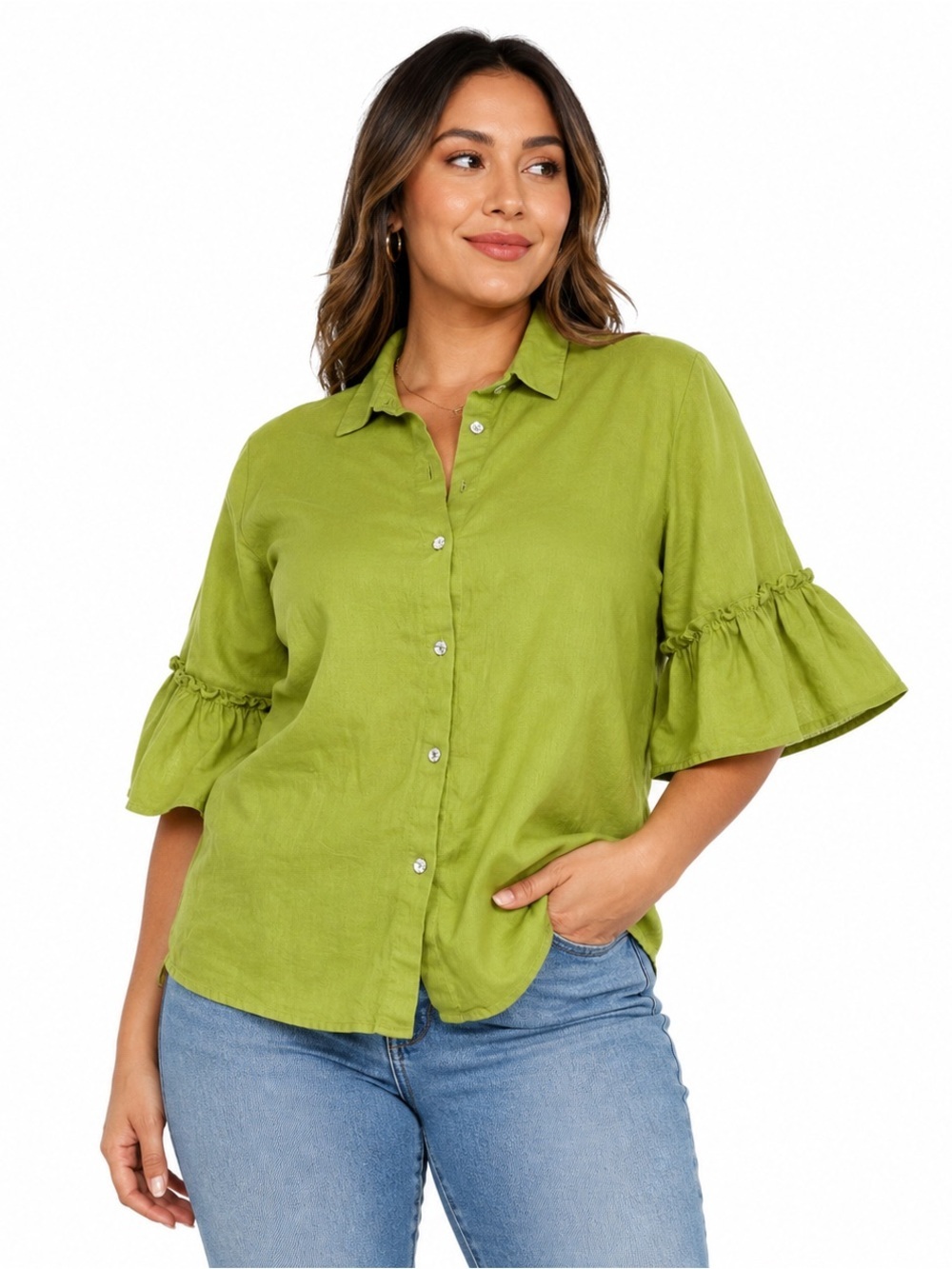 Marc New York Olive Green Ruffle-Sleeve Button Front Blouse